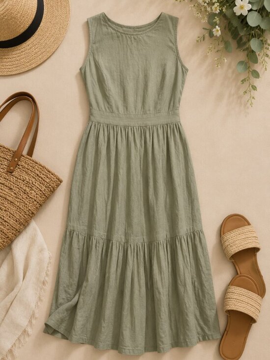 Dresses & Skirts - Japna Green Sleeveless Midi Dress Smocked Waist Open Back Tie